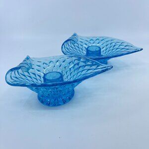 vintage indiana glass blue diamond cut leaf candle holders set of 2